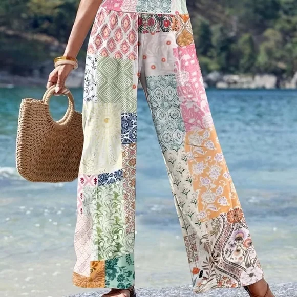 Bohemian Patchwork Wide-Leg Pants