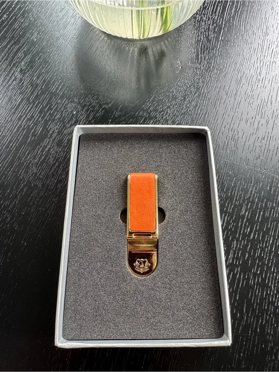 Gold Money Clip with Orange Leather Accent