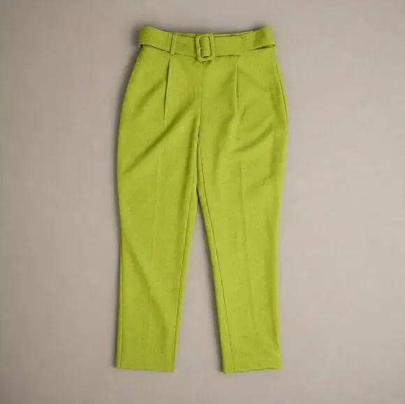 Lime Green High-Waisted Tapered Pants with Belt | Statement Trouser