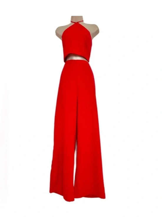 LULUS ~ Elegant Red Halter 2-Piece Wide Leg Pantsuit size XL
