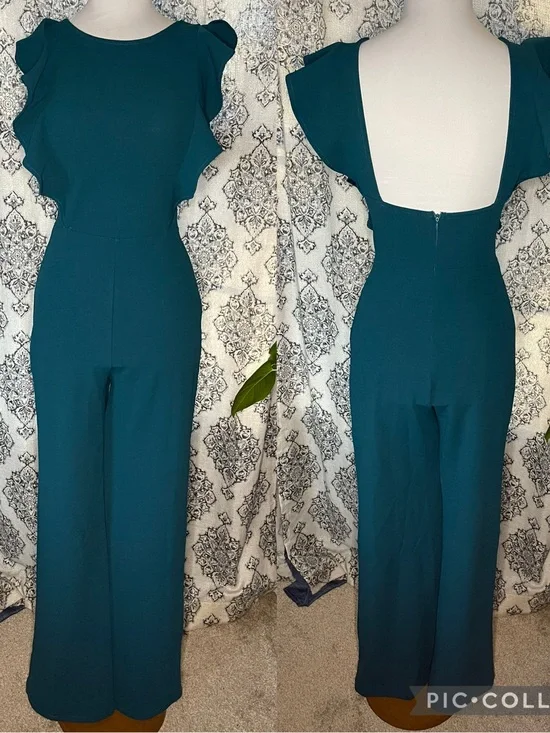 Lulu's Teal Flutter-Sleeve Wide-Leg Jumpsuit