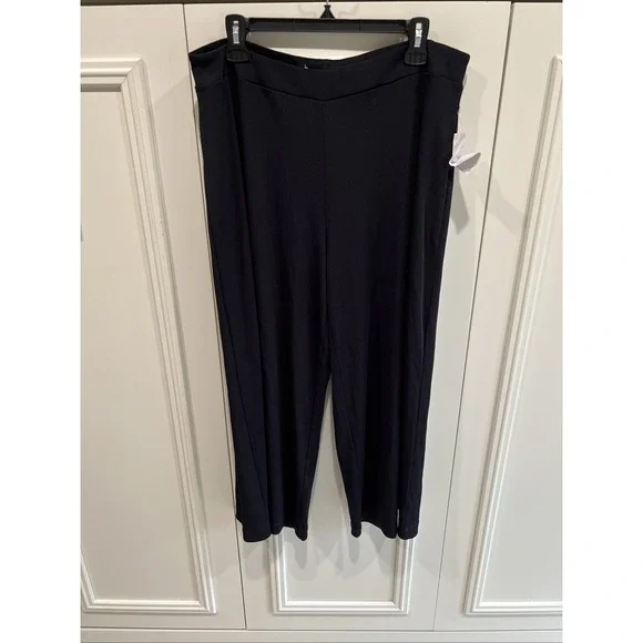 Kensie Black Ribbed‎ Wide Leg Pull On Pants Comfy Capsule Stretch Minimalist