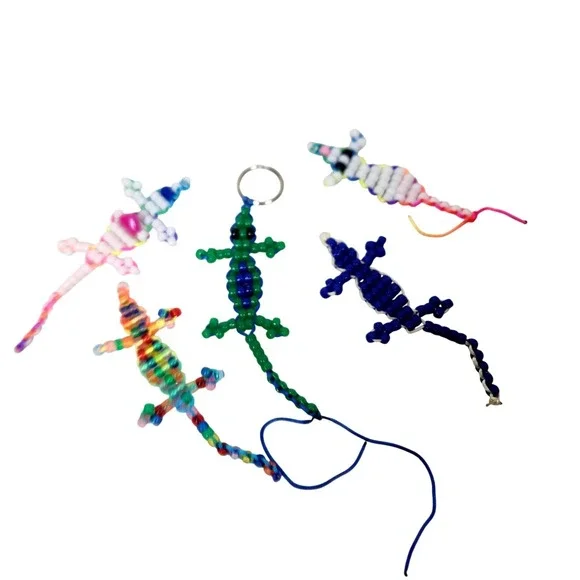 Handmade Pony Beaded Lizard Gecko Keychain Lot Of 5 Multi-Color Plastic Charms