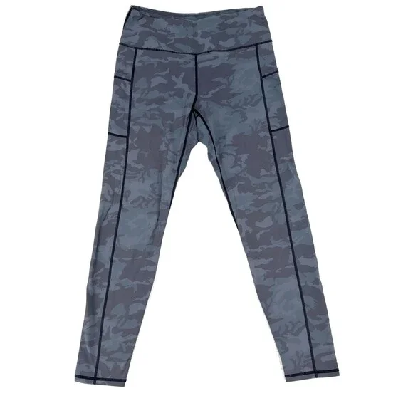 SIORO Womens Leggings L High Waist Pockets Blue Camo Activewear Yoga Workout