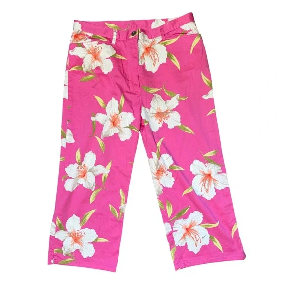 Lauren Ralph Lauren Floral Capri Pants Womens 12 Pink Tropical Hawaiian Stretch