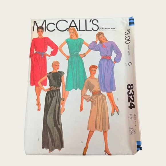 Vintage 1980s McCalls Sewing Pattern 8324 Misses Dress Size 10 Bust 32.5 Uncut