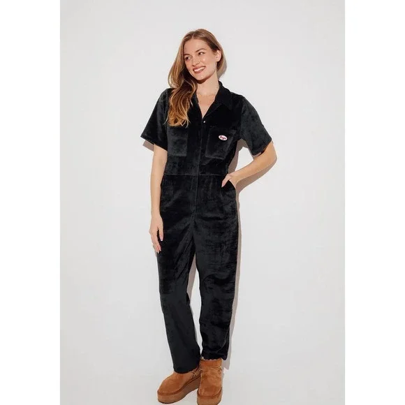 Enzo Womens Apres‎ Black Velour Short Sleeve Utility Jumpsuit Med loungewear