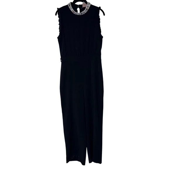 Daisy Drive Elegant Beaded Mock Neck Jumpsuit Womens Large Black Crepe