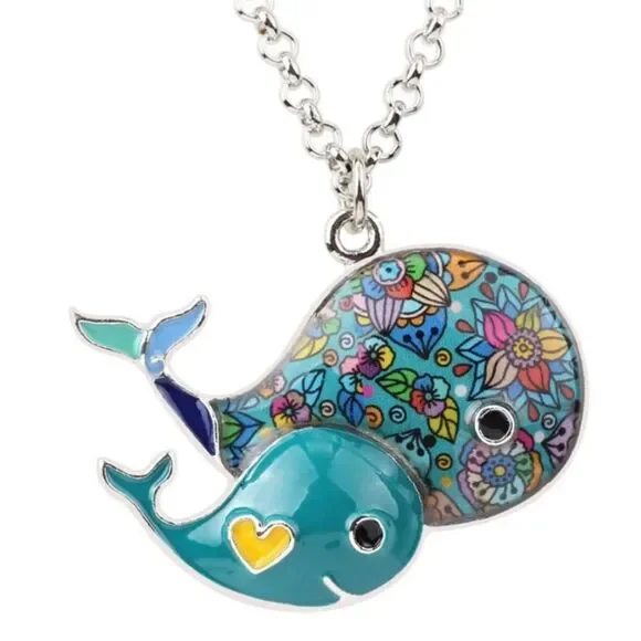 Cute Whale Mother and Baby Necklace Pendant Colorful Ocean Animal 20 in Chain
