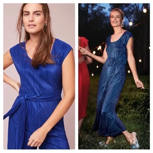 Maeve Sonata Belted Plisse Pleated Belt Tie Wide Leg Blue Jumpsuit