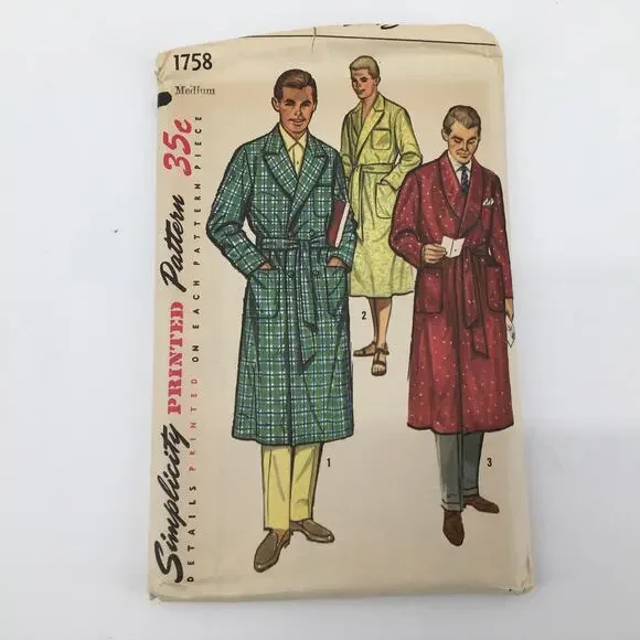 Simplicity Sewing Pattern 1758 Vtg Mens Straight Cut Robe Beach M 38-40 UNCUT