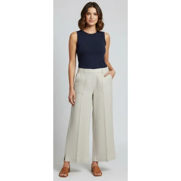 Coldwater Creek Natural Fit Wide Leg Linen Blend Pants Beige Size PL 14