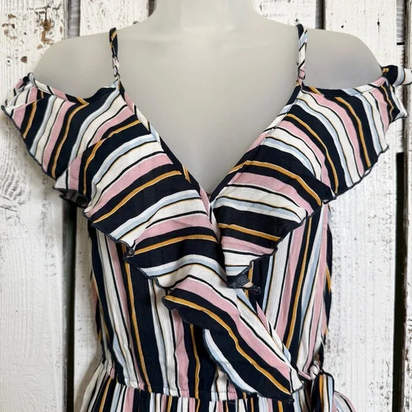 Xhilaration Boho Romper Size XS Pockets Stripes Shoulder Ruffles Wedding‎ Guest