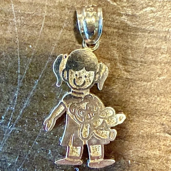 14K Yellow Gold Baby Girl Pendant Child Kid Teddy Bear Charm For Necklace Chain