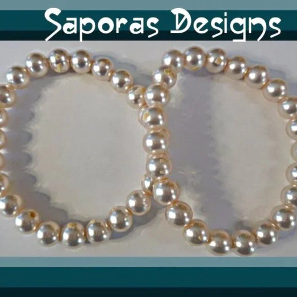 Set Of (2) Two White Faux Pearl Bracelet Elastic Stretchable Fits Most Wrist