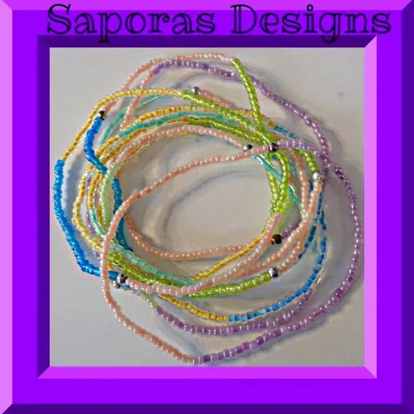 Set Of (10) Ten Colorful Beaded Bracelets Elastic Stretchable Fits Most Wrist