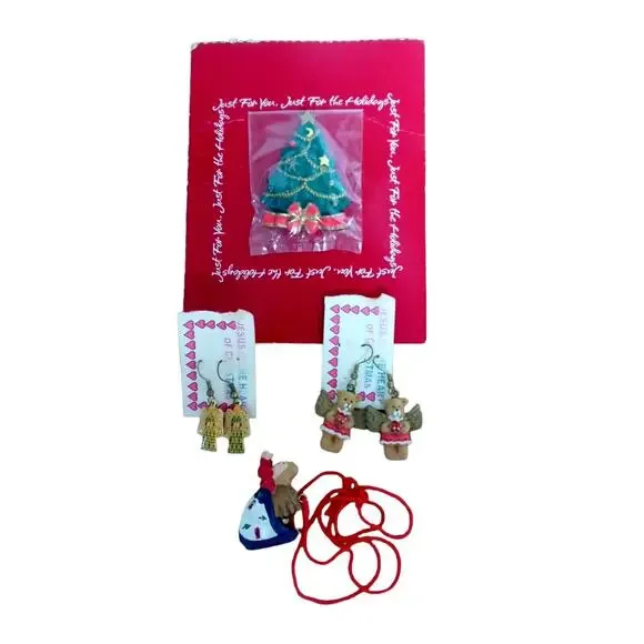 Christmas Holiday Jewelry Set Necklace Earrings Angel Bear Tree Pin Kitsch