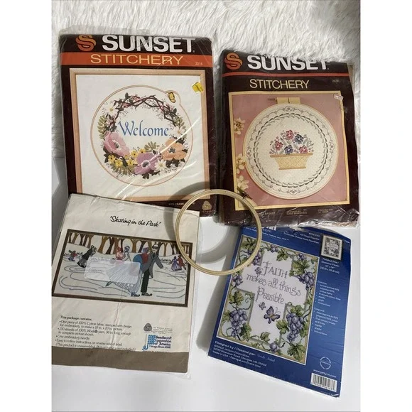 Destash Needle Craft Cross Stitch Lot Opened Packages Hoop Floss Patterns Box A