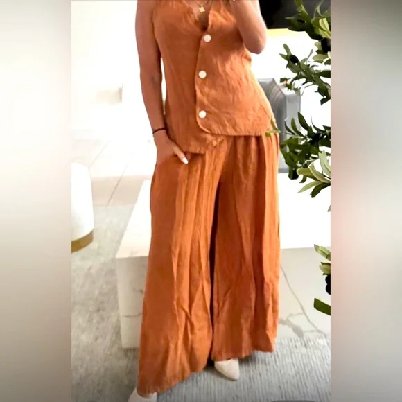 Puro Lino Made in Italy Sleeveless Button Linen Vest and Wide-Leg Pants Set