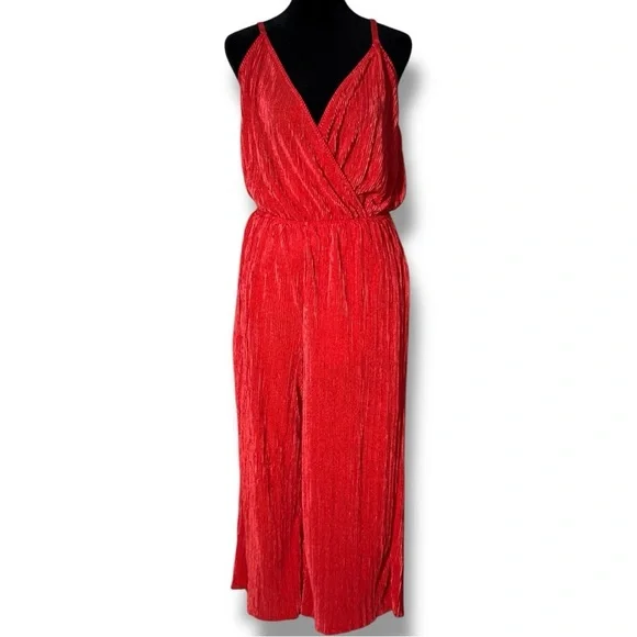 love, Fire Vibrant V Neck Wrap Style Top Sleeveless Flowy Red Wide Leg Jumpsuit