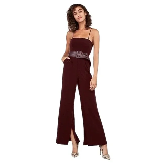 Express × Negin Mirsalehi Burgundy‎ Wide Leg Belted Jumpsuit with Front Slits 10