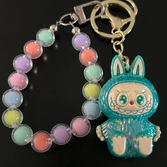 Labubu Bag Charm Keyring with Pastel Beads