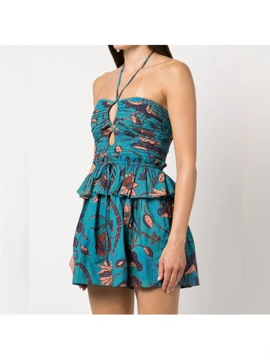 Ulla Johnson Isidro Romper Playsuit 6 Lagoon Teal Floral Print Resort Luxury