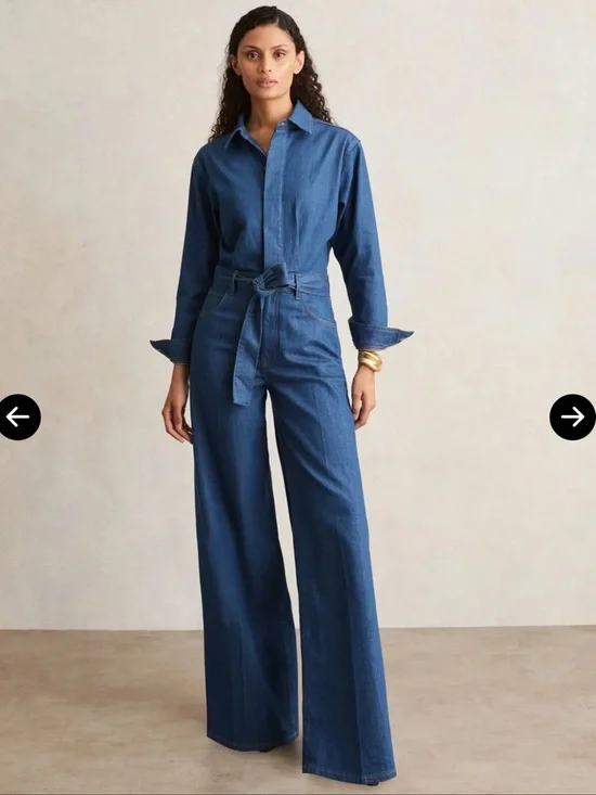 PAIGE Cameron Tie Waist Long Sleeve Wide Leg Denim Jumpsuit