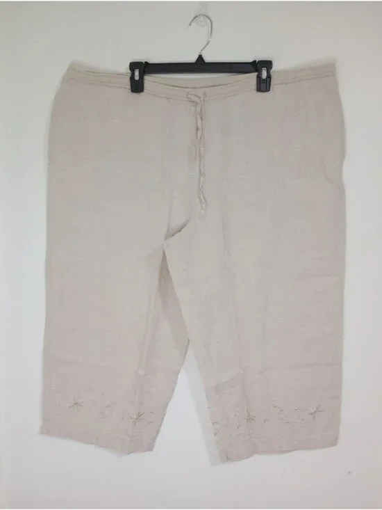 Style & Co Women’s 20W Beige 100% Linen Capri Pants Embroidered Hem