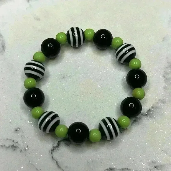 Kids Black White and Green Stretch Bracelet