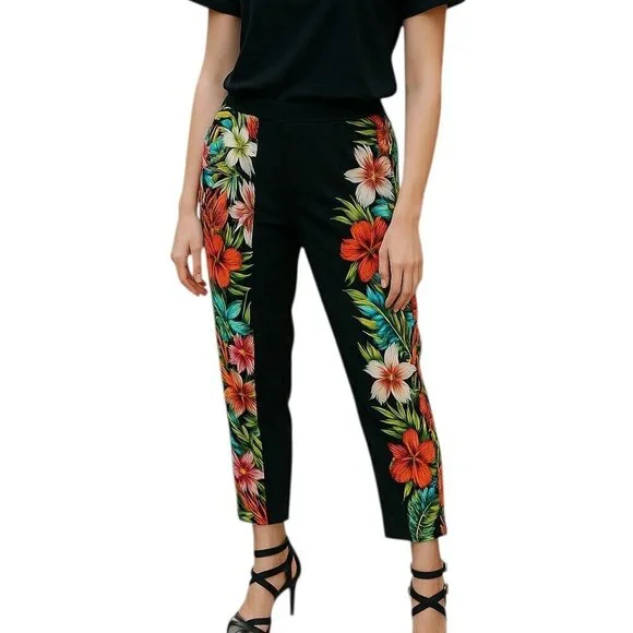 Line & Dot Tropical Floral/Leaf Silk Tapered Leg Cropped Pants size M NWT