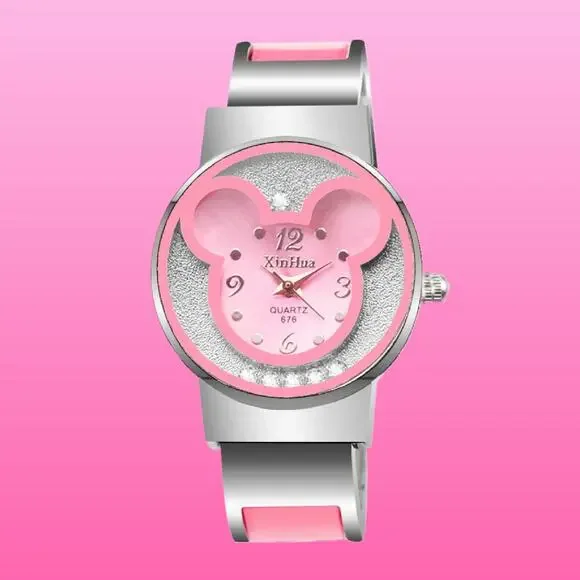 Girls Pink Character Bangle Quartz Stainless Steel Wristwatch