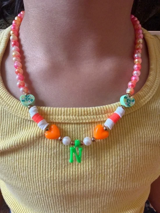 Kids Beaded Heart Necklace with Green Initial Charm - Pink & Orange
