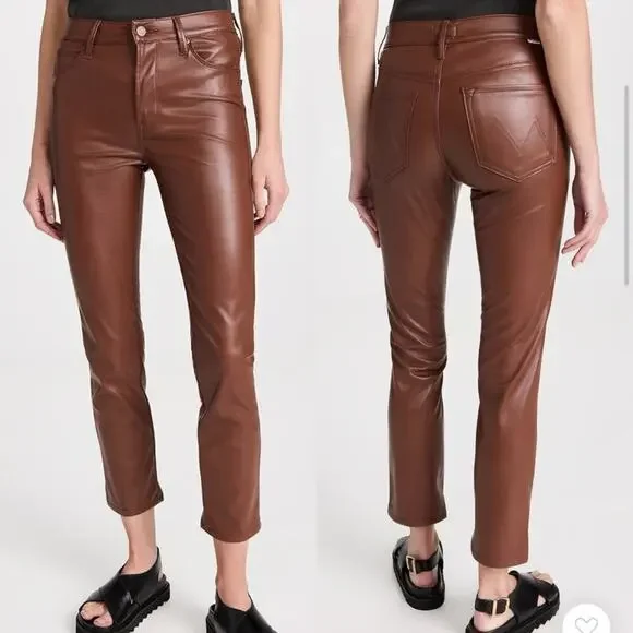 Mother Mid Rise Dazzler Jeans Faux Leather in Friar Brown size 29