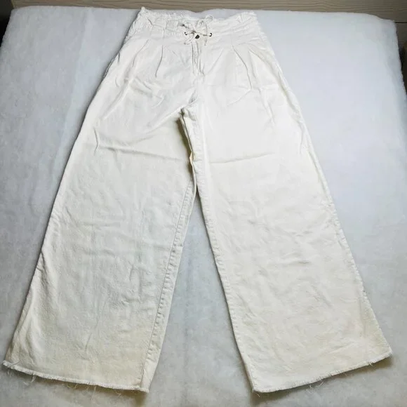 Every Womens Ivory High Rise Frayed Hem Drawstring Waist Wide Leg Pants Size 14