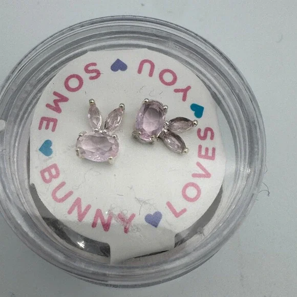 Pink Gemstone Bunny Rabbit Stud Earrings Silver Tone Easter Jewelry for Kids