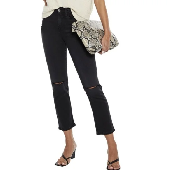 Frame Le High Straight‎ Leg Jeans Women's 32 Black Distressed Knee Denim Pant