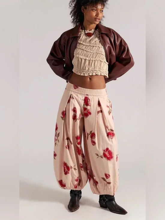 Free People Moonflower Printed Pull-On Balloon Pants Small Tea Combo NWT