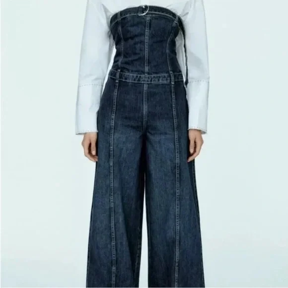 Zara Women's Dark Wash Denim Jumpsuit‎ 100% Cotton Wide Leg Size Small