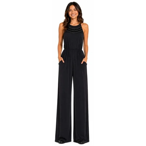 EIGHT SIXTY Beaded Wide Leg Jumpsuit Black Sleeveless Dressy Romper Medium