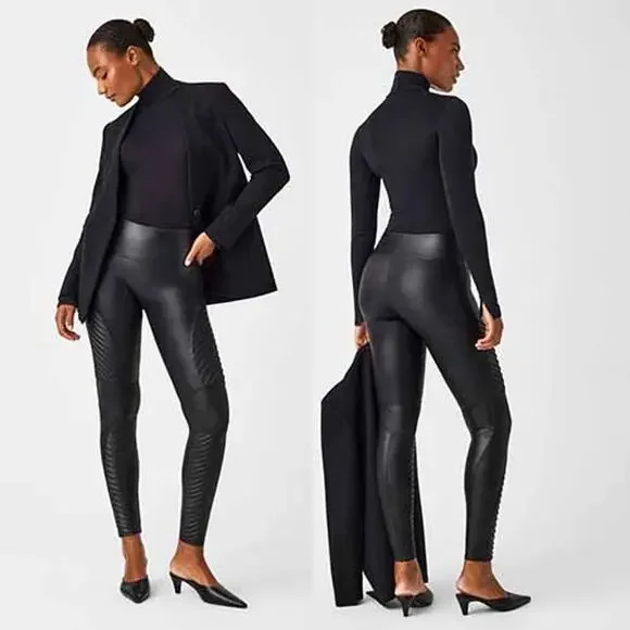 NEW SPANX Faux Leather Moto High-Waisted Fitted Leggings Very Black Size: Medium
