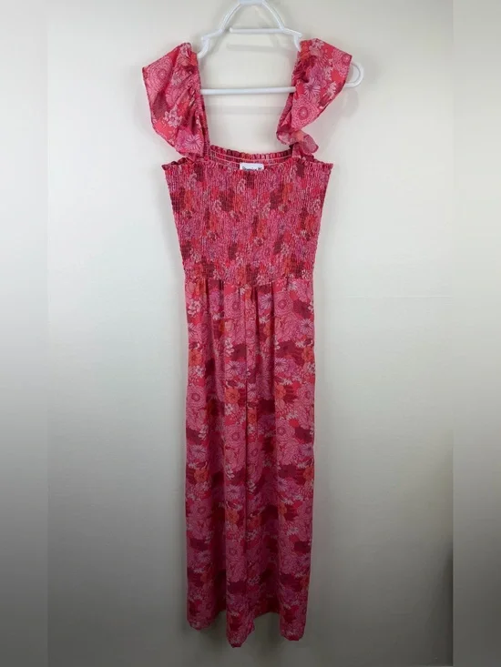 Veronica M Pink Floral Smocked Wide Leg Jumpsuit Boho Cottagecore S
