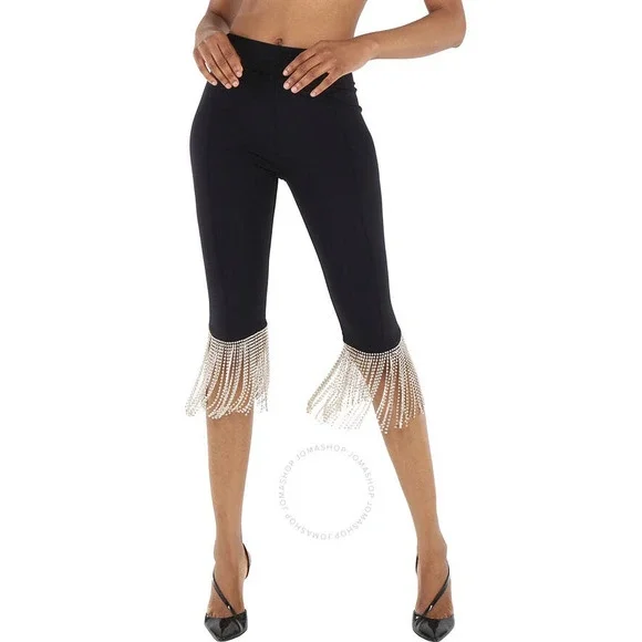 Burberry Charente Crystal Fringe Black Leggings M NEW Crop Stretch Jersey Pants