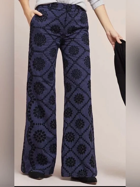 Anthropologie ETT TWA Blue & White Pinstripe Flare Pants Floral Cut Outs Size 2