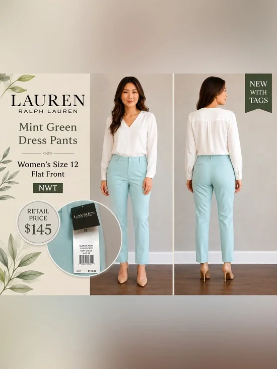 Lauren Ralph Lauren Mint Green Dress Pants Women's NWT Size 12 Flat Front