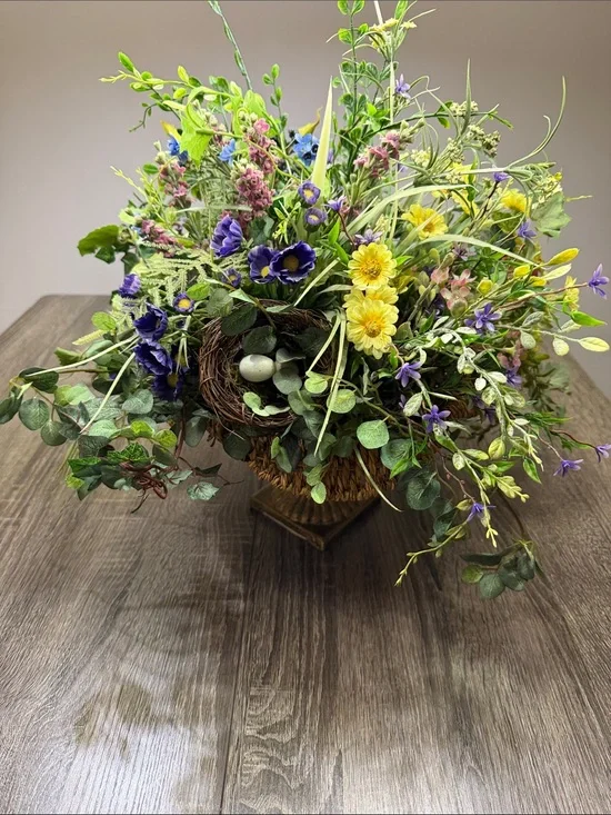 Spring Meadow Faux Floral Arrangement in Yellow, Purple & Green