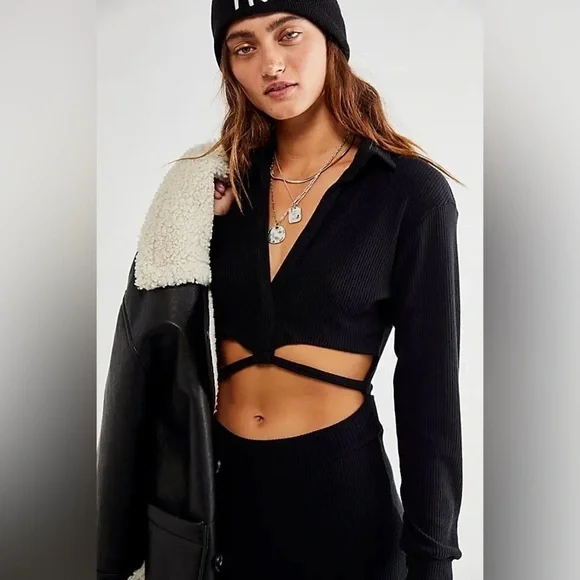 Free People LNA Emily Ribbed Jumpsuit Size Small Black