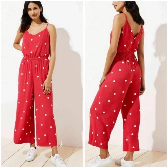 Loft Polka Dot Jumpsuit Elastic Waist‎ Pink/White Medium Summer Casual Parisian