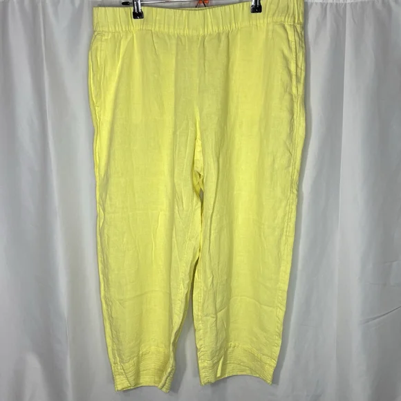 PURE J JILL Women’s Yellow Elastic Waist Cropped Wide Leg Pants Sz L 100% Linen