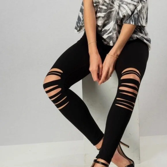 NEW Black Distressed Leggings knee soft grunge